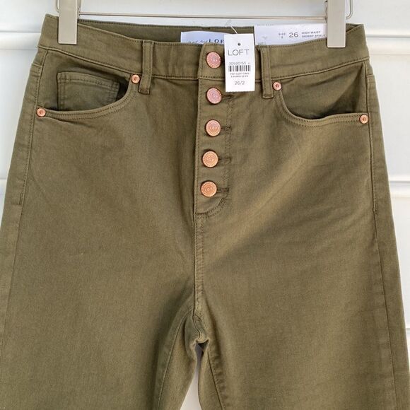 LOFT Ann Taylor High‎ -Rise Button Front Skinny Ankle Jean Olive Size 2 NWT - Picture 6 of 14